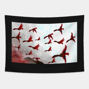 Red Parrots Flying Smoke Tapestry