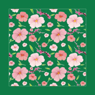 Pink Hibiscus and Sakura Green Background T-Shirt