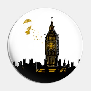 Mary Poppins and Big Ben Linocut Print in black, blue and gold Pin