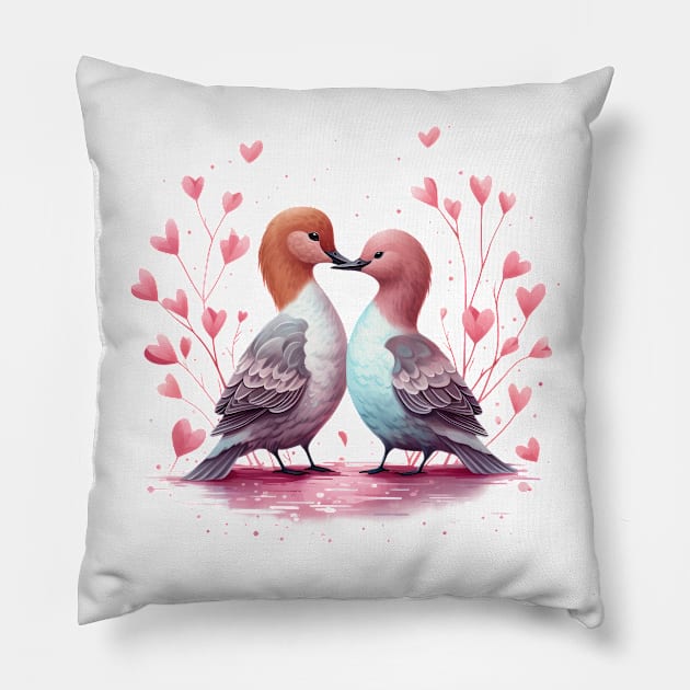 Valentine Kissing Northern Pintail Bird Couple Pillow by Chromatic Fusion Studio