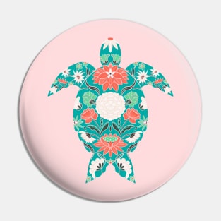 Floral sea turtle - turquoise and coral pink palette Pin