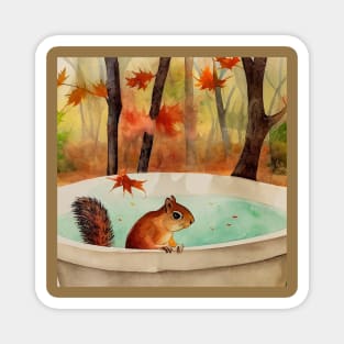 Autumn Leaves Squirrel Bathing Magnet