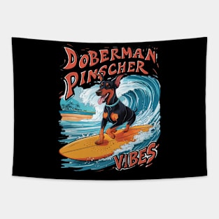 Surfing Doberman Pinscher Riding Tropical Wave Tapestry