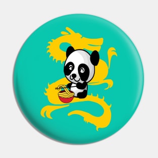 Panda Eating Noodles with a Chinese Dragon Background Pin