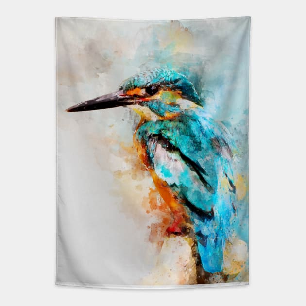 Dramabite Watercolor kingfisher bird artsy artistic painting wildlife Tapestry by dramabite