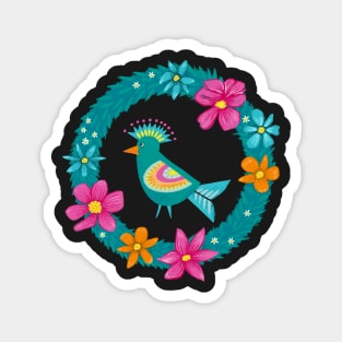 Colorful bird in a green wreath with flowers | repeat pattern Magnet