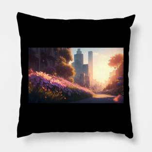 City street with beautiful flowers Pillow