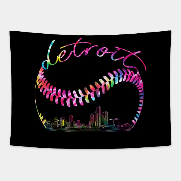 detroit, tie dye, baseball skyline city, baseball player Tapestry by Sandra Holloman