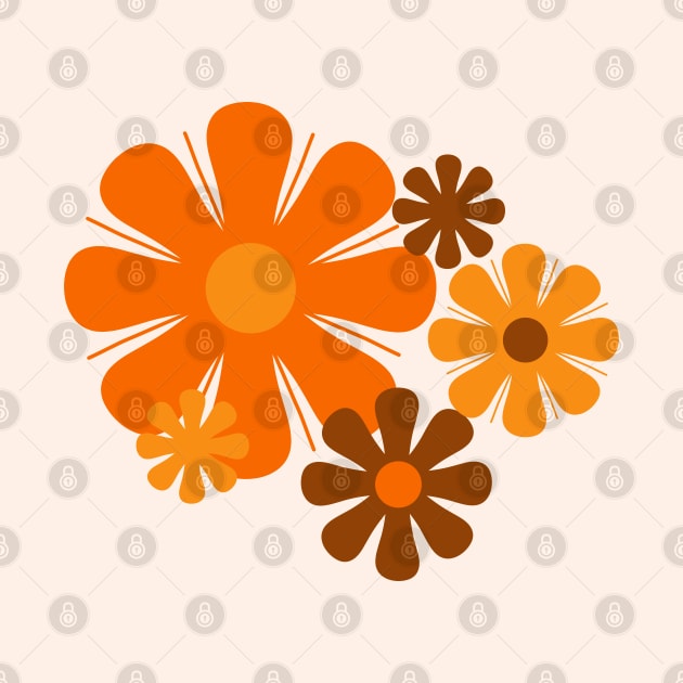 Groovy 70s Vintage Flowers Minimalist Floral Orange & Brown by KierkegaardDesignStudio