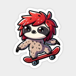 Skateboarding Sloth Manga Style Design - Cool Shaggy Hair Magnet