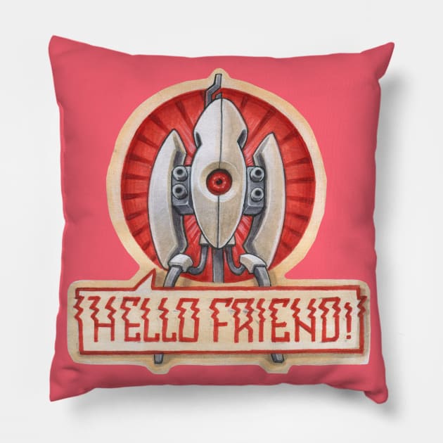 Hello friend! - PORTAL Turret gun Pillow by Kosta Atanasov