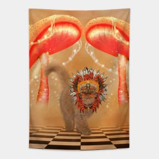 Funny cat with indian headdress Tapestry