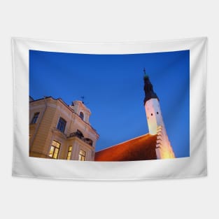 Old House Cafe Maiasmokk and Holy Spirit Church on Varna Trug at dusk, Tallinn, Estonia, Baltic States, Europe Tapestry