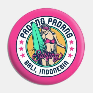 Retro Surfer Babe Badge Padang Padang Beach Bali Indonesia Pin