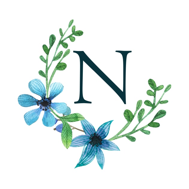 Floral Monogram N Pretty Blue Flowers by floralmonogram