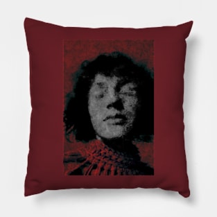 Portrait, digital collage and special processing. Woman with closed eyes. Mystic and beautiful.  Red, gray and green. Pillow