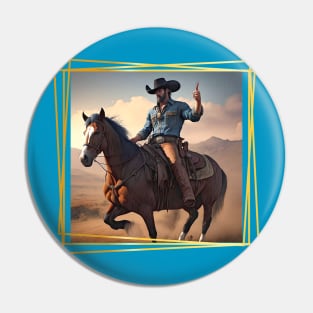 Mounted Cowboy holding his finger up Pin