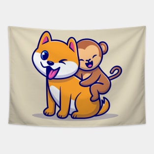 Cute Dog And Monkey Cartoon Tapestry