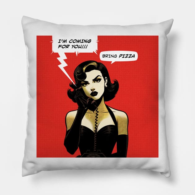 Comic phone threat bring pizza Pillow by Retro Vibe