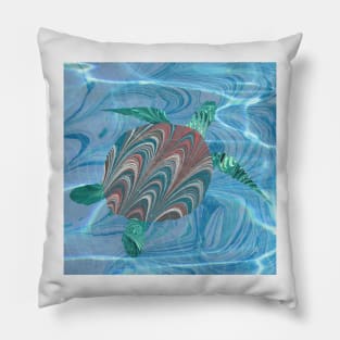 Swimming Turtle Marbled Paper Collage Pillow