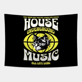 HOUSE MUSIC  - Underground Cat (White/Yellow) Tapestry