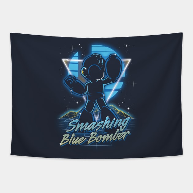 Retro Smashing Blue Bomber Tapestry by Olipop