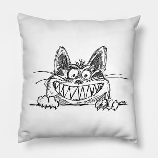 Smiling Cat Drawing in Black Pillow