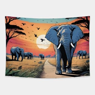 Sunet in African Jungle with Elephants Tapestry