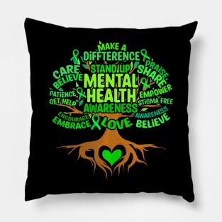 Mental Health Awareness Tree Mens Womens Grreen Ribbon Pillow