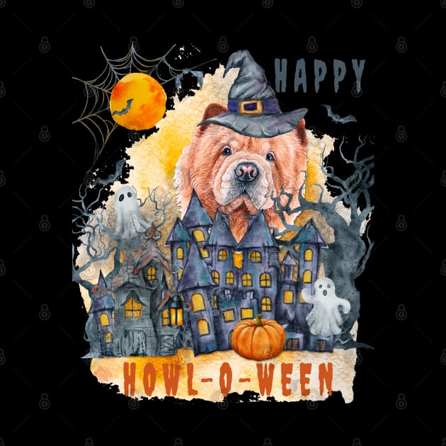 Chow Chow Happy Howl-o-ween Ghost Houses Funny Watercolor by Sniffist Gang