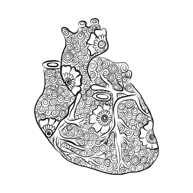 Floral Anatomical Heart Line Drawing (Black and White) by littlecurlew