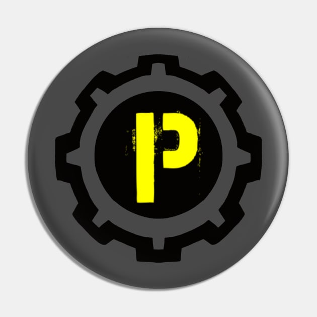 Yellow Letter P in a Black Industrial Cog Pin by MistarCo