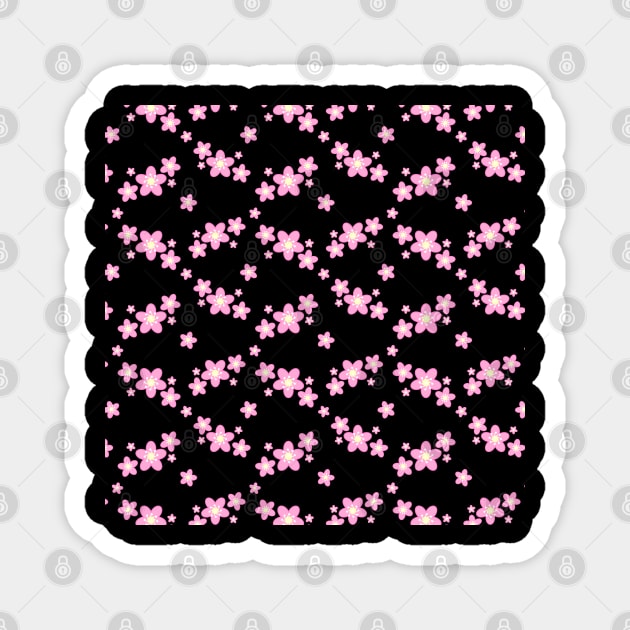 Cherry Blossom Sakura Flower Clusters Pattern in Black Background Magnet by Kelly Gigi