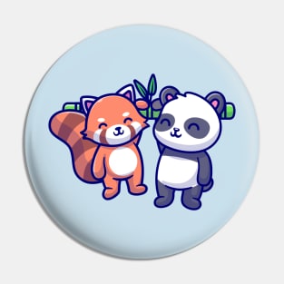 Cute Panda And Red Panda Hanging On Bamboo Cartoon Pin