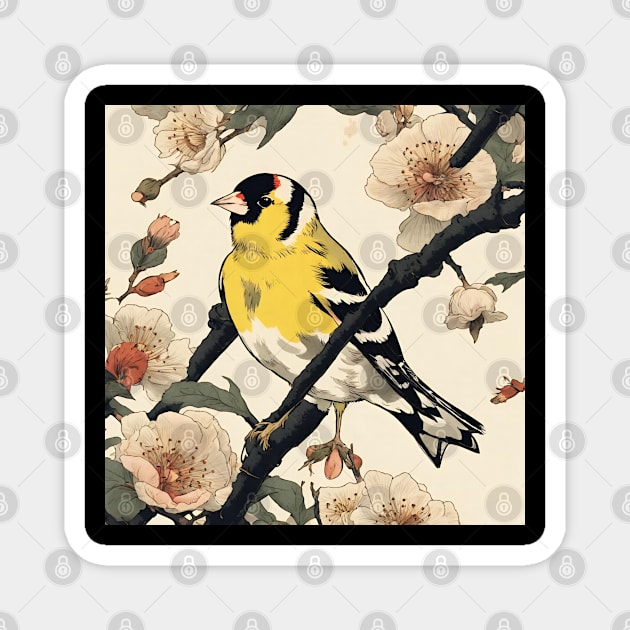Vintage Goldfinch Bird Dad Bird Watching in Japanese Sakuras Magnet by wigobun