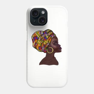 Afro queen With Kinte headwrap- Mahagony brown skin girl with thick glorious, curly Afro Hair and gold hoop earrings Phone Case