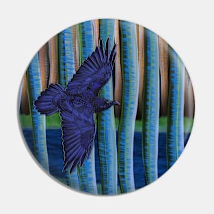 Black bird flying through a weird forest Pin