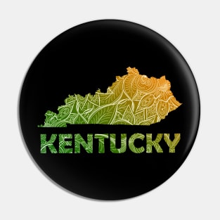Colorful mandala art map of Kentucky with text in green and orange Pin