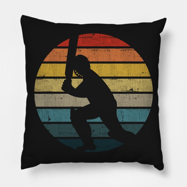 Cricket Player Silhouette On A Distressed Retro Sunset print Pillow by theodoros20