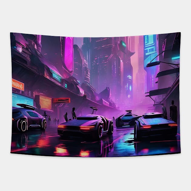 Future City - Neon Cityscape Tapestry by AnimeVision