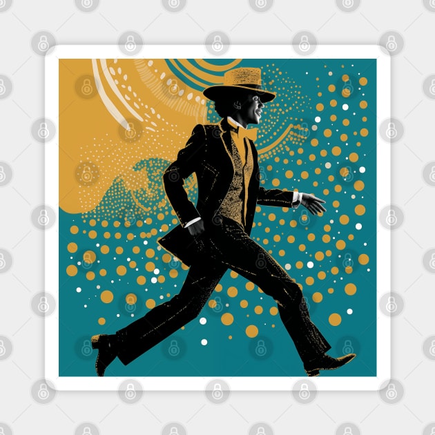 Vintage - 60s-70s style disco dance, stylish dancer in hat and suit among twinkling Safit lights, design illustration. Magnet by Art KateDav