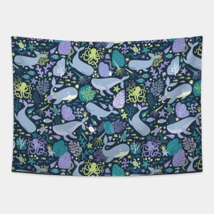 Whales Paradise Seascape - cute underwater pattern by Cecca Designs Tapestry