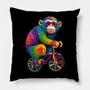 Rainbow colored monkey on a bicycle Pillow