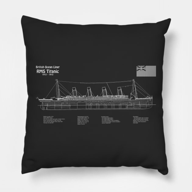 RMS Titanic ship plans. White Star Ocean Liner - PDpng Pillow by SPJE Illustration Photography