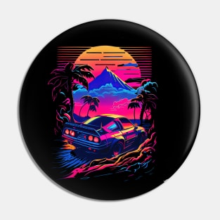 Car with a view on Mount Fuji Synthwave Vaporwave Pin