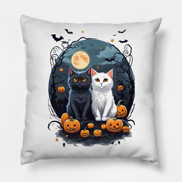 "Harmonious Halloween: Cat Lovers Under the Big Full Moon with Black and White Couple Cats" Pillow by Ratchyshop