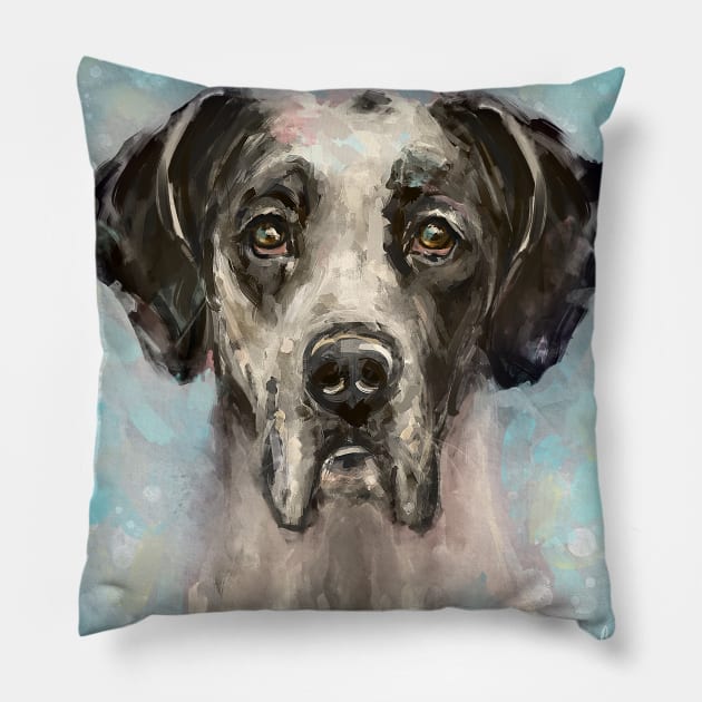 Chaotic Painting of a Black and White Great Dane on a Light Blue Background Pillow by ibadishi