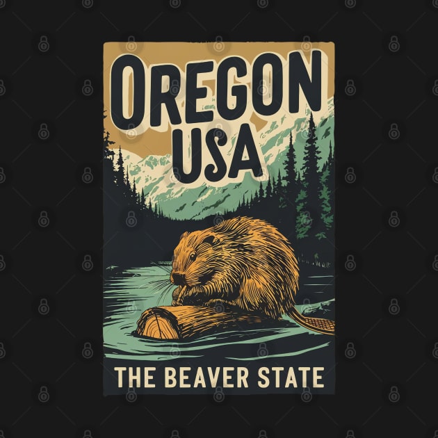 Vintage Retro Oregon USA Beaver by AI Art Originals