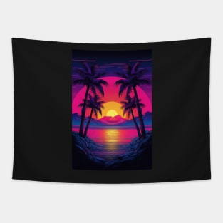 Illustration of an 80s Synthwave retro sunset with palm trees on the beach Tapestry