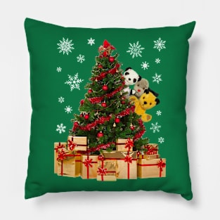 Sooty Christmas Characters Peeking Around Xmas Tree Pillow